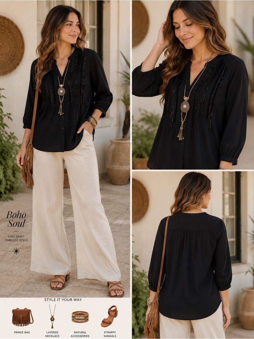 Lovestitch Black 3/4 Sleeve Sequin Beaded Fringe Tunic Blouse Top Size M
